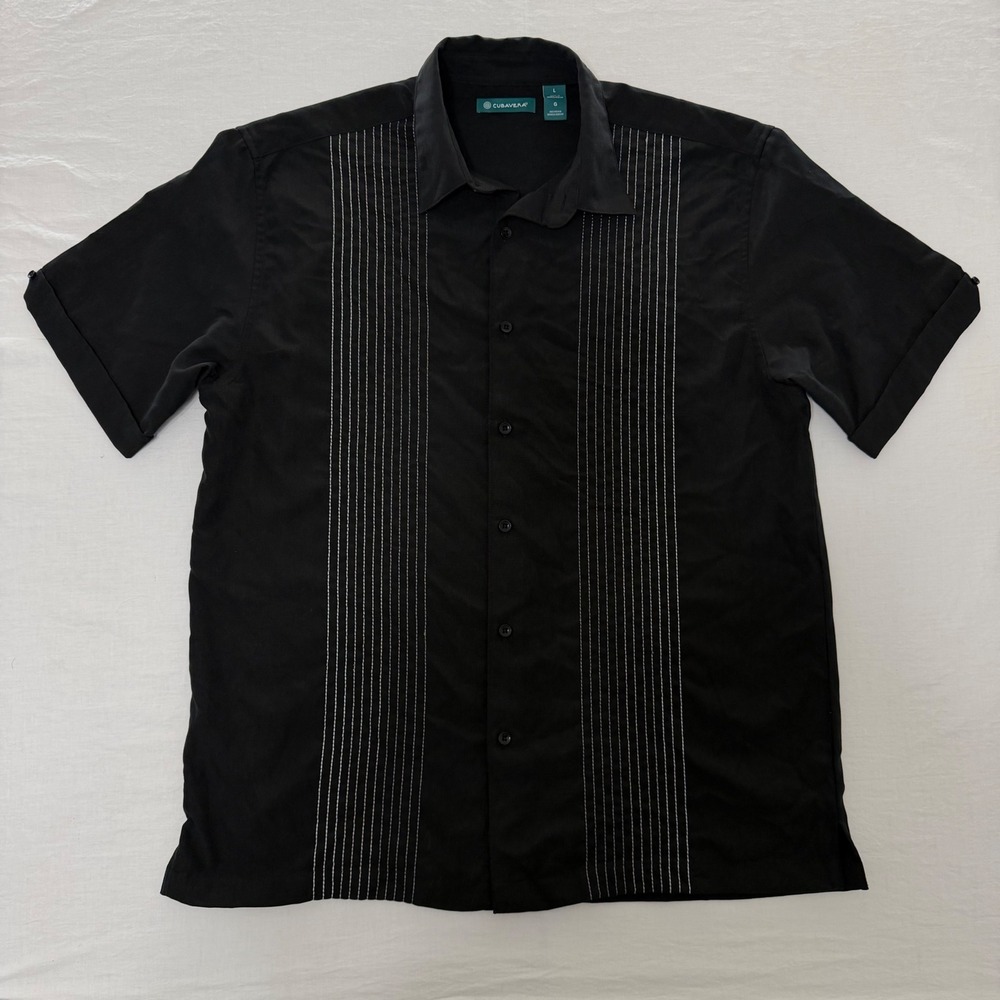 Cubavera Mens Large Black Camp Shirt Contrast Stitch Short Sleeve Button Front